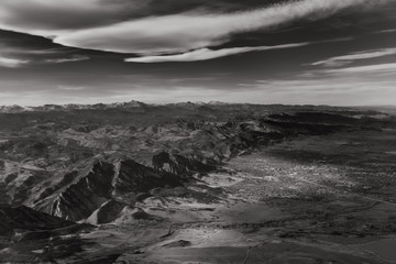 Flying over the Rocky Mountains in the US. B&W