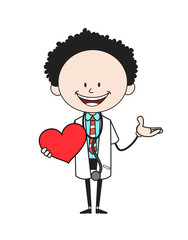 Cartoon Doctor - Holding a Heart and Showing with Hand
