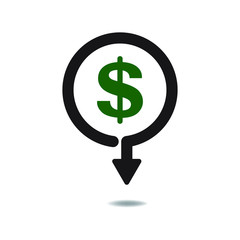 Dollar down icon. Cost reduction isolated on white background. Vector illustration