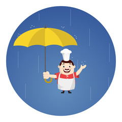 Cartoon Fat Funny Cook - Standing in Rain with Umbrella