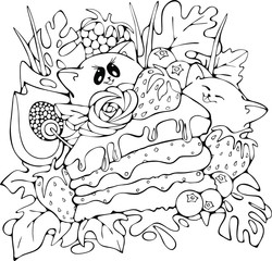 Happy cats with a cake, lovely party vector doodle illustration, colouring page