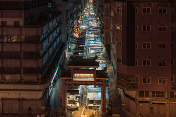 Hong Kong Traditional Street, Temple Street Night Market, Aerial view of the Night