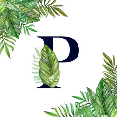 Hand painted watercolor floral alphabet art. Combination of dark P letter and tropical leaves to create delicate designs for weddings, logo, greeting cards, mood boards, posts, magazines