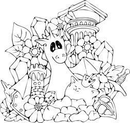 Lovely Princess The Kitty with a Dragon, friendly vector doodle illustration, coloring page
