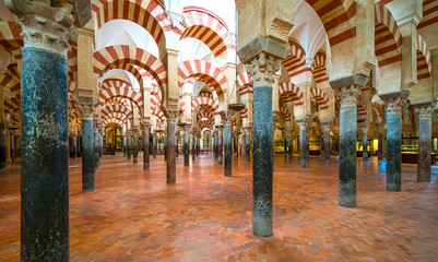 Scenic indoor sight in the Mosque–Cathedral of Cordoba. Andalusia, Spain.