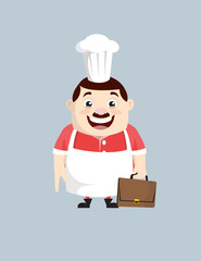 Cartoon Fat Funny Cook - Holding a Suitcase and ready to go