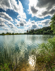 Fototapeta premium Clouds, reflection, lake, sunny summer
