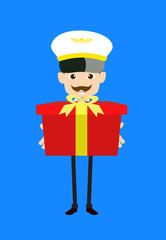 Cartoon Pilot Flight Attendant - Presenting a Gift Box