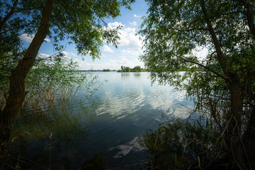 Clouds, reflection, lake, sunny summer