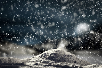 Table background of free space and snow decoration 