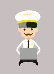Cartoon Pilot Flight Attendant - Sitting and Working on Laptop