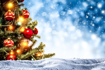 Table background of free space and snow decoration 