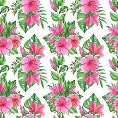 Hand painted watercolor tropical flowers seamless pattern on white background. Ilustration for wedding invitations, greeting cards, postcards, children's books, textile, wallpapers.
