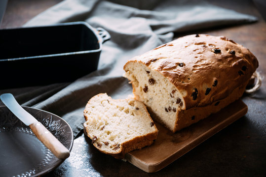 Food: Homemade sweet loaf of raisin bread