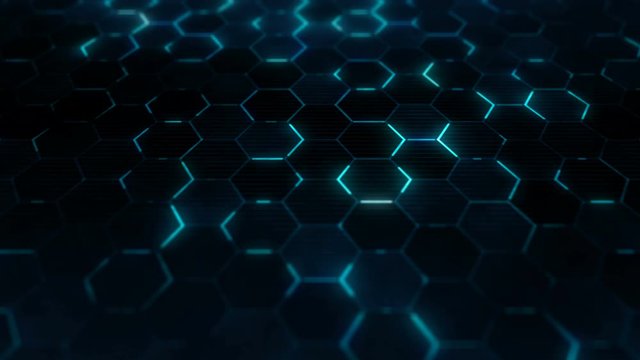 Blue technology background with hexagons structure. Futuristic surface concept with hexagonal grid. Closeup camera view. Seamless loop.