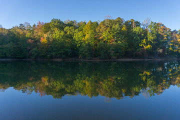 A scenic autumn view of foliage reflecting on a lake.