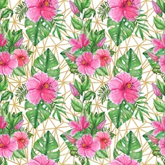 Tuinposter Hand painted watercolor tropical flowers and gold mosaic seamless pattern on white background. Ilustration for wedding invitations, greeting cards, postcards, children's books, textile, wallpapers. © Tasha_zen
