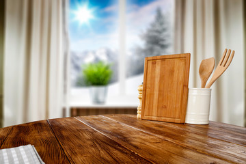 Table background of free space and winter window 