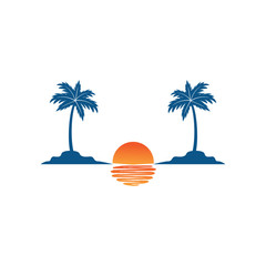 Obraz premium beautiful sunset between two coconut tree island with the shadow on the sea summer beach theme vector logo design