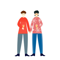 Romantic date. Saint valentines day. Christmas. A couple of young gay males. Love. Flat editable vector illustration, clip art, a glass of champagne.