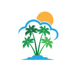Obraz premium green coconut tree island with sun behind the cloud summer theme vector logo design