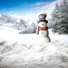 Table background of free space and snow decoration 