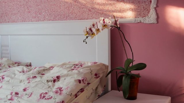 white bedroom with orchid,bedroom interior with white bed and orchid flower on bedside table