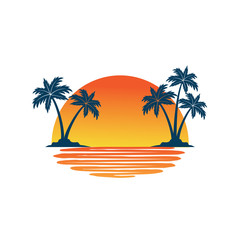 orange yellow sunset between two coconut tree island with shadow on the sea vector logo design