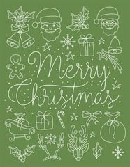 happy merry christmas card with calligraphy font and set icons