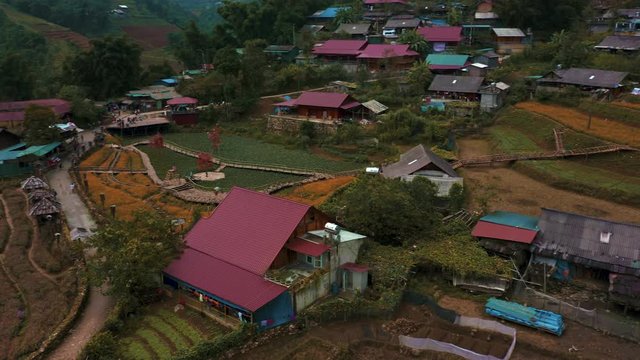 Aerial Drone footage of Cat Cat Village near Sapa in Northern Vietnam - October 2019