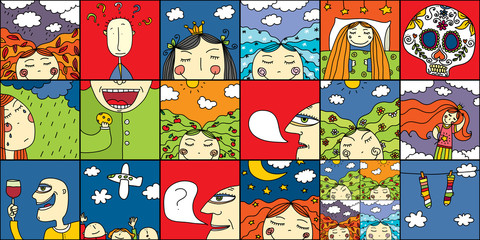 Simple flat cartoon children set of doodle illustrations