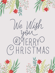 happy merry christmas card with floral decoration and calligraphy