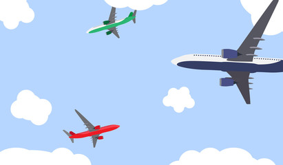 Flat airliner flying in the sky. Side view from the bottom. Vector Illustration