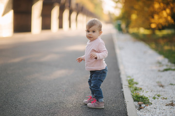 Fototapeta premium Adorable little girl walk in the parl in october. Cute ten month baby walk. Beautiful happy girl. Autumn mood