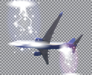 Naturalistic airliner flies on a transparent background. Side view from below. Vector illustration