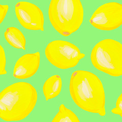 Seamless bright pattern with cute lemons on a green background. Drawn with hands gouache on paper. With brush strokes and texture