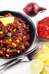 Hot chili con carne. mexican food tasty and spicy with red beans
