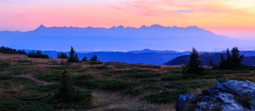 Beautiful panorama of whole High Tatras at sunrise in high resolution