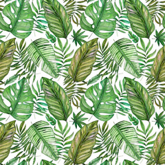 Hand painted watercolor tropical leaves seamless pattern on white background. Ilustration for wedding invitations, greeting cards, postcards, children's books, textile, wallpapers.