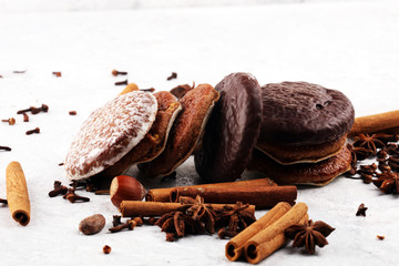 Typical German Gingerbreads such as Lebkuchen and Aachener Printen on rustic