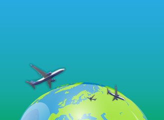 Naturalistic view of an airplane flying in the sky above planet Earth. Vector Illustration.