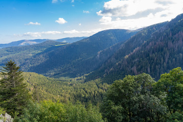 Schlucht Pass, France - 09 13 2019: Beautiful panoramic view of the Frankenthal-Missheimle Nature Reserve