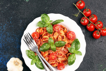 Pasta orecchiette. Plate of delicious orecchiette with tomato sauce garnished with parmesan cheese and basil on rustic background