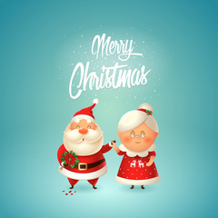 Merry Christmas - Santa with flowers for his wife Mrs Claus - couple in love celebrate winter holidays - vector illustration