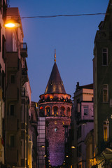 Istanbul, Beyoglu / Turkey - 24October2019: Galata Tower at blue hours after sunset