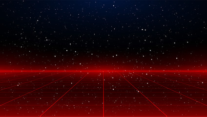 Newretrowave sci-fi red laser perspective grid background in starry space. Retrofuturistic cyber laser landscape.