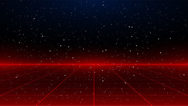 Newretrowave sci-fi red laser perspective grid background in starry space. Retrofuturistic cyber laser landscape.
