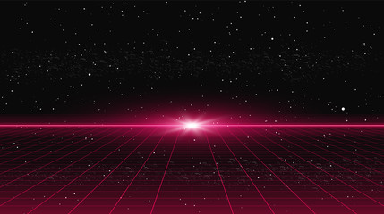 Retrowave style red laser perspective grid with flash light on horizon on starry space background. Retrofuturistic cyber laser landscape.