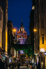 Istanbul, Beyoglu / Turkey - 24October2019: Galata Tower at blue hours after sunset
