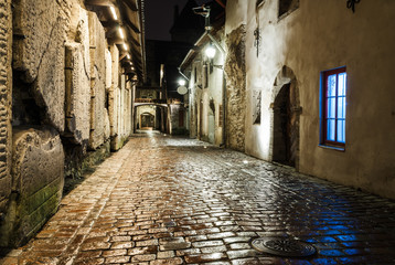 Fototapeta na wymiar St Catherine's passage in Tallinn old town at night